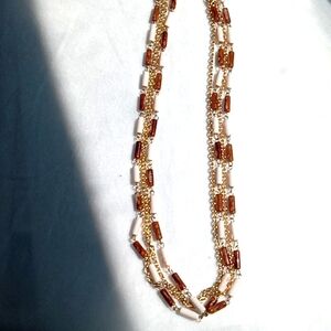 NEW  Cream, Fleck and Brown Bead on 45" gold chain. Coupled with 45" gold chain